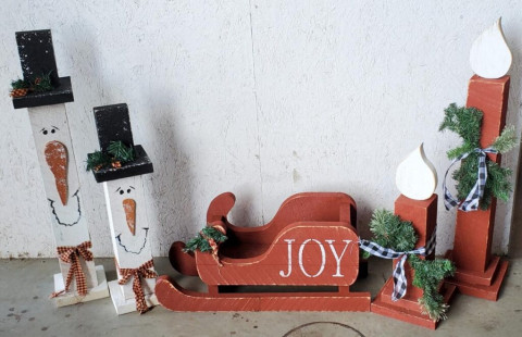 Amish-Made JOY Sleigh, Snowmen, and Wooden Candle Decor—Farmhouse Display by Woodland creations