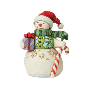 JIm Shore snow man figurine with gift box and candy cane by enesco