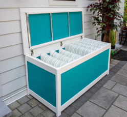 5-Foot Cushion Storage Box — Turquoise & White, Lid Open | Leisure Lawns
