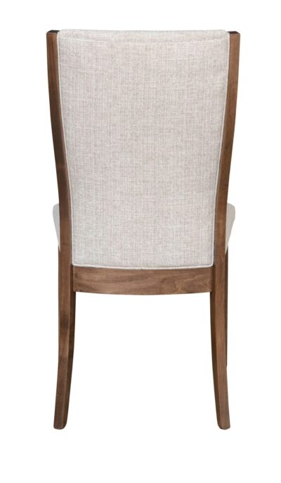 Customizable dining room furniture: Back view of Stacy Fabric Chair by Country Value, showing curved upholstered backrest and wooden legs