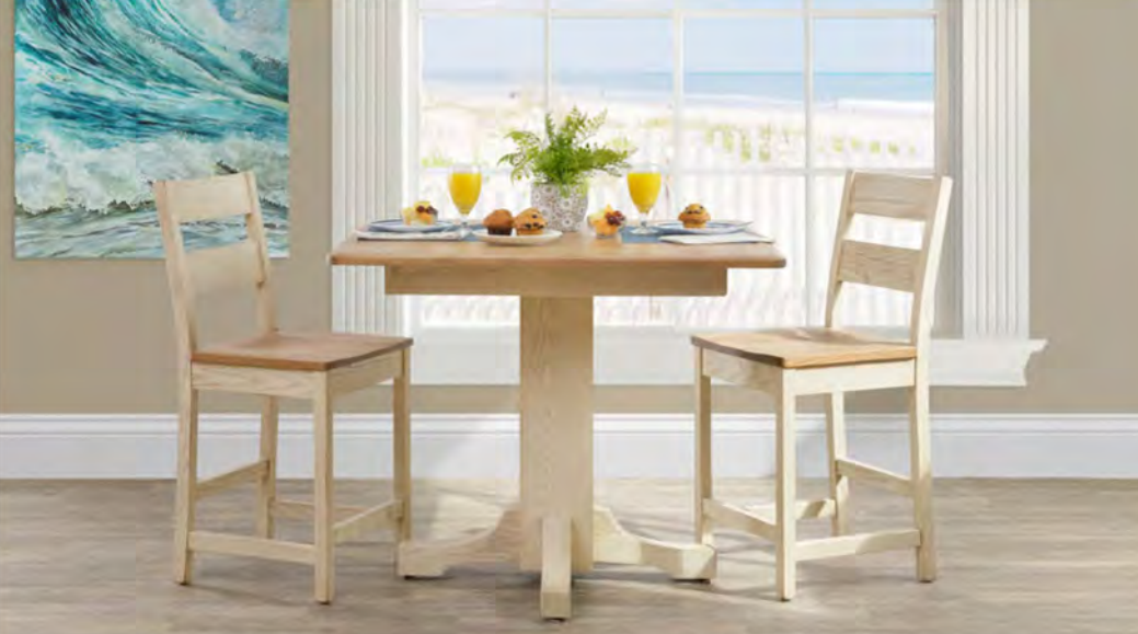 Dining Room Set Country Value Casual Table 42"x42", straight-cut top, 1" beveled edge, 36" high single pedestal, light wood finish. Customizable Amish dining furniture showcasing design options.