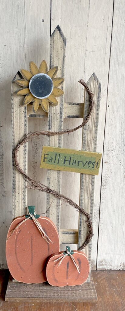 Fall Picket Fence on base with pumpkins and grapevine