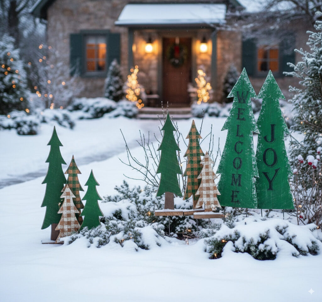 Handcrafted Amish-made wooden Christmas trees and outdoor WELCOME JOY holiday signs in snow, farmhouse front yard