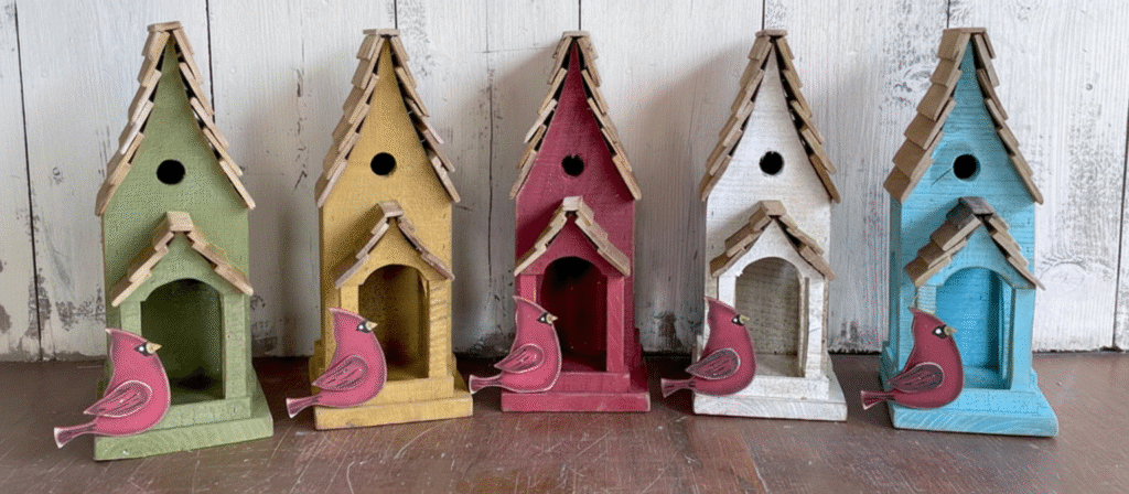 Handcrafted Amish birdhouse decor in five colors, each with a rustic cardinal ornament