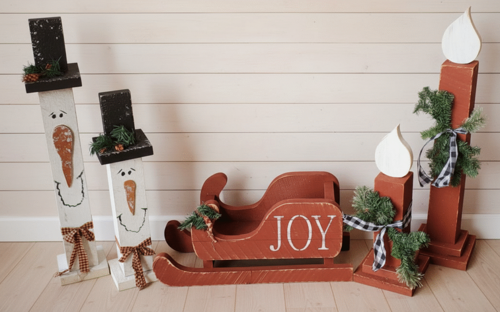 Handcrafted Amish JOY sleigh, snowmen, and candle decor with cozy farmhouse wall background
