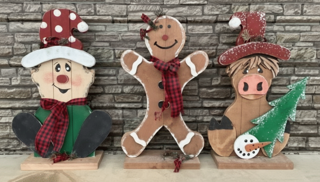 Handcrafted Amish wooden winter decor figures including snowman, gingerbread man, and festive cow with Christmas accents