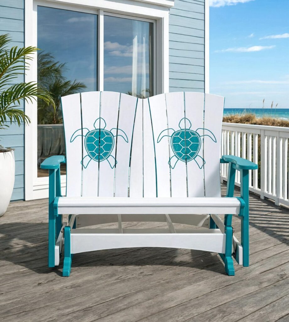 Bayside poly double glider in aruba blue and white with a turtle engraving