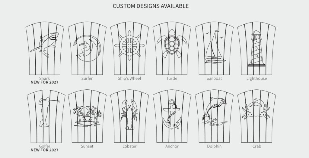 Twelve Bayside poly chair engraving designs including the new shark and golfer for 2027