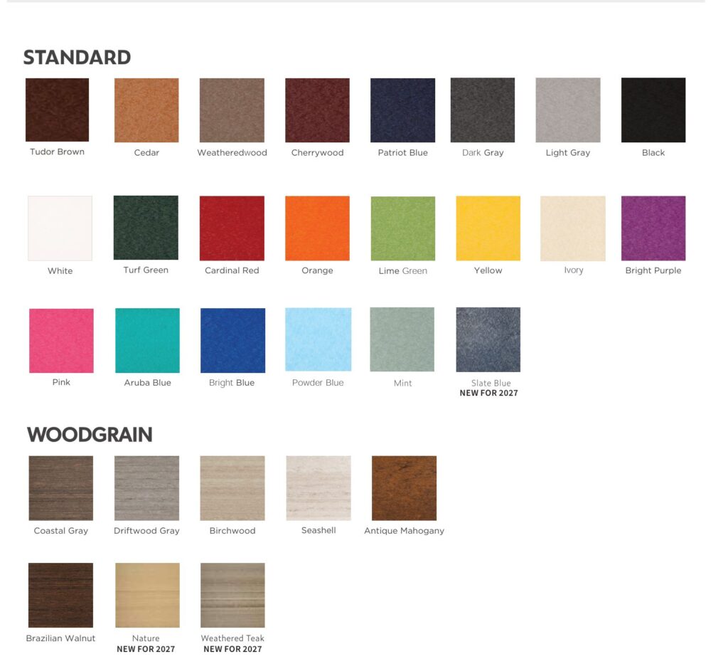 New poly outdoor furniture colors for 2027 — Slate Blue, Nature and Weathered Teak marked new on the Beaver Dam color chart