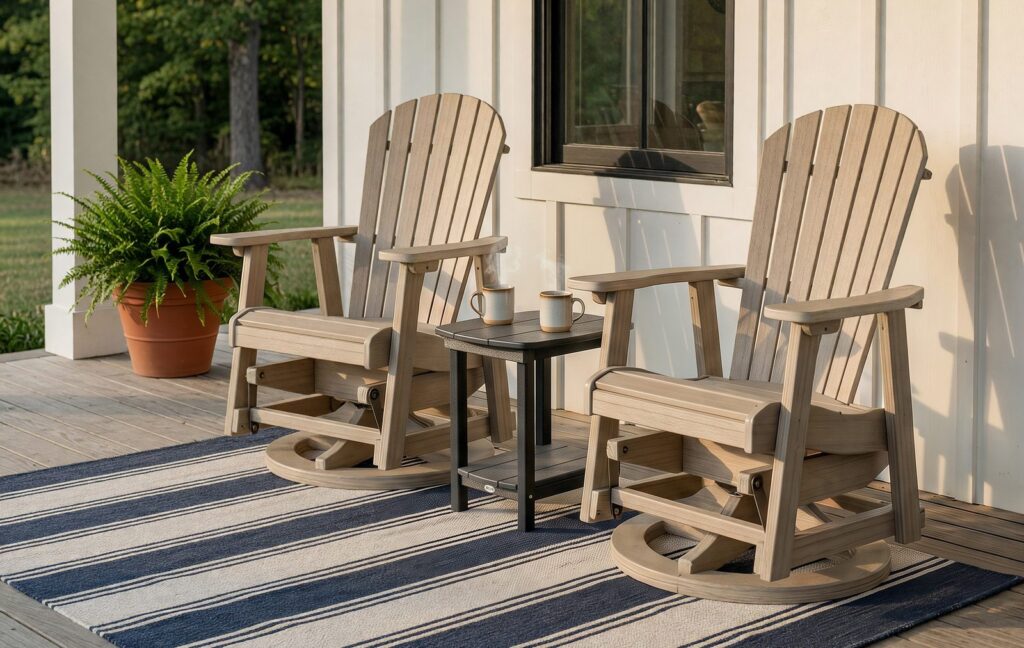 Empress poly swivel gliders in birchwood on a covered porch