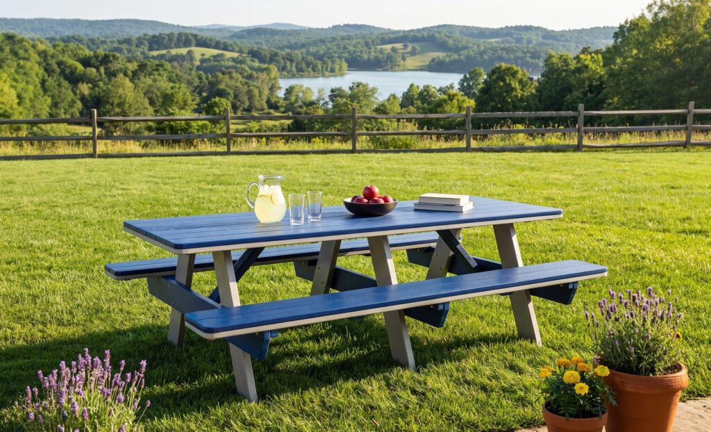 Poly picnic table in patriot blue and light gray in a backyard